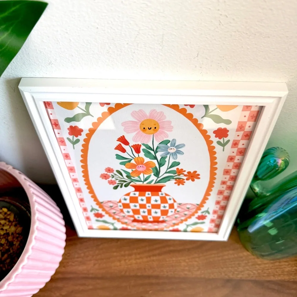 Whimsical Vase of Flowers Cheerful Colorful Canvas Art Print White Framed Art